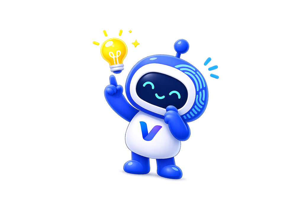 VIO, maskot robot VIREKA, mengangkat bohlam ide